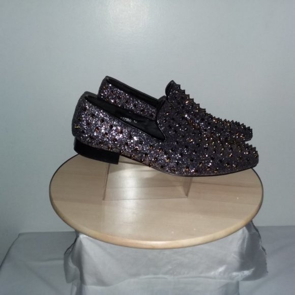$170  Mens Loafer DRESS Shoes Spikes Glitter Black Gold Slip On Size 10 Fiesso main image 13